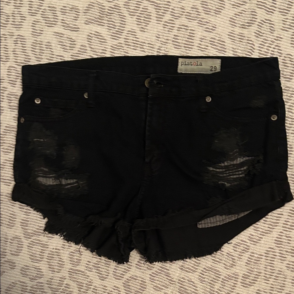 pistola Black Distressed Rolled-Hem Denim Shorts